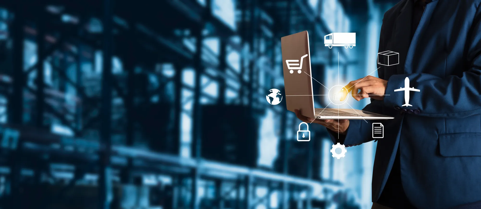 A business professional using a laptop surrounded by logistics, sourcing and technology icons